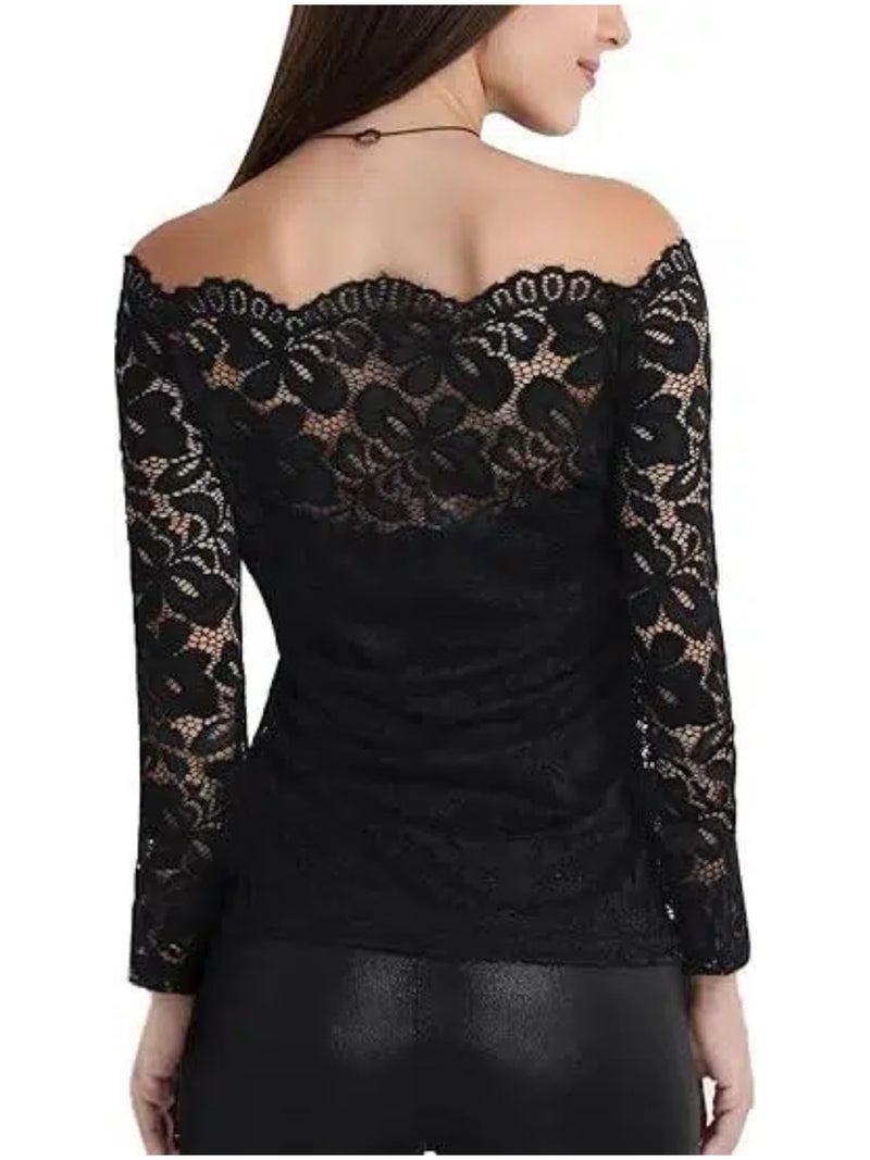 DJT Womens Off The Shoulder Tops Sexy Floral Lace Long Sleeve Slim Fit Shirts Dressy Casual Party Clubwear Outfits Black S - Image 3